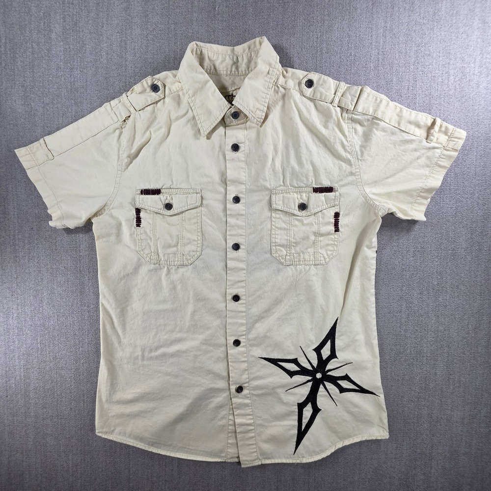 Anti Social Denim Co Button Down Mens Medium Cream Short Sleeve Embroidered Star